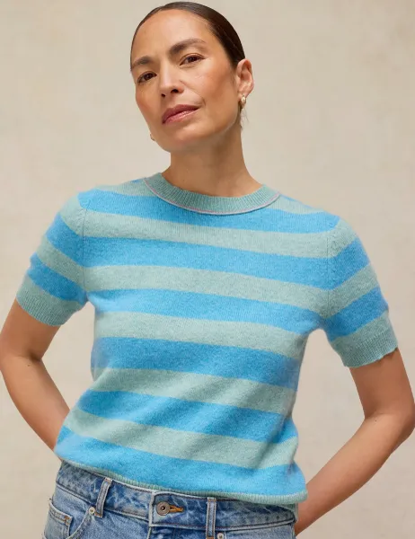 White Stuff Wool Blend Striped Knitted T-Shirt Blue Mix