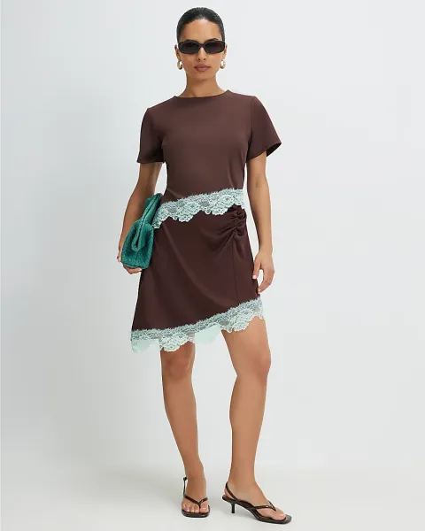 River Island Petite Satin Lace Ruched Mini Dress