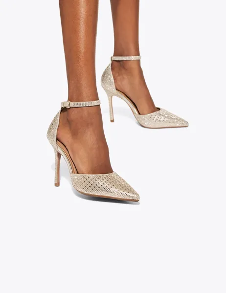 Kurt Geiger Sparkle Ankle Strap Stiletto Heel Court Shoes Gold Mix