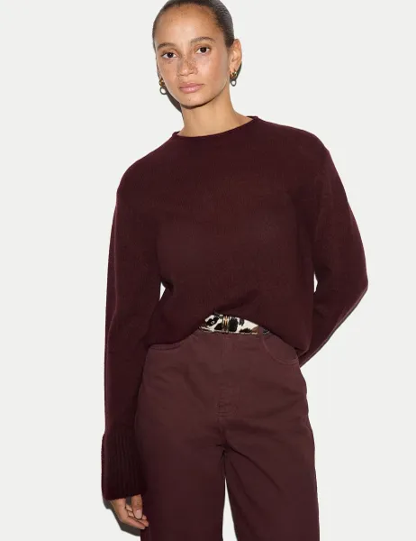 Jigsaw Pure Cashmere Striped Round Neck Jumper Burgundy