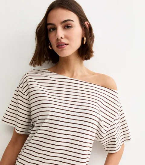 Women's White and Brown Striped Off The Shoulder T-Shirt