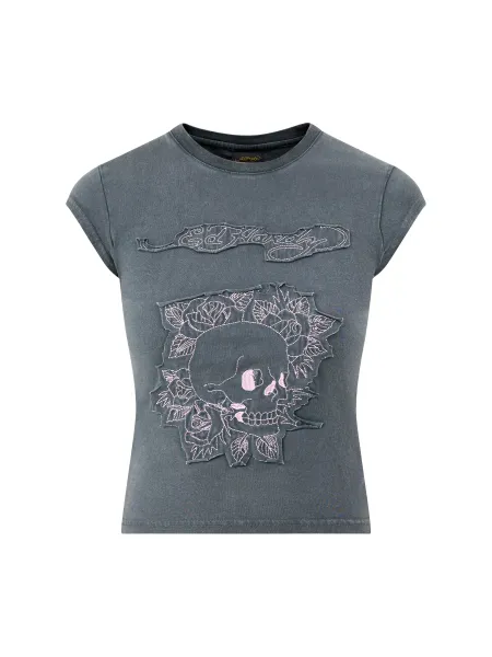 Floral Skull Self Applique Cap Sleeve Tee