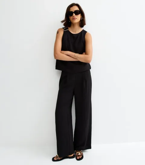 Women's Black Loose Fit Wide Leg Trousers