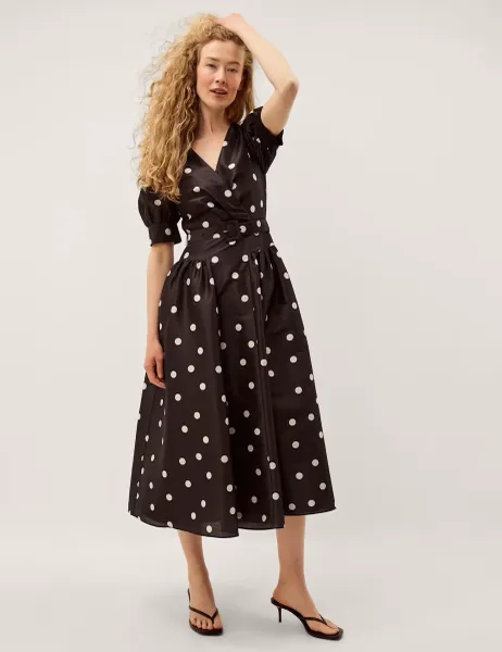 Monsoon Polka Dot V-Neck Belted Midi Tea Dress Black Mix
