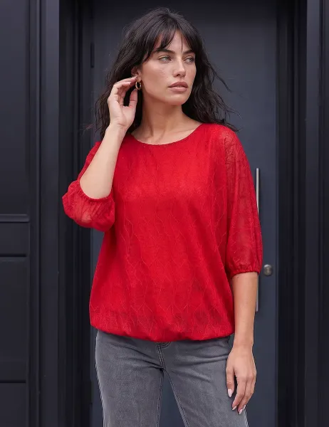 Roman Mesh Bubble Hem Top Bright Red