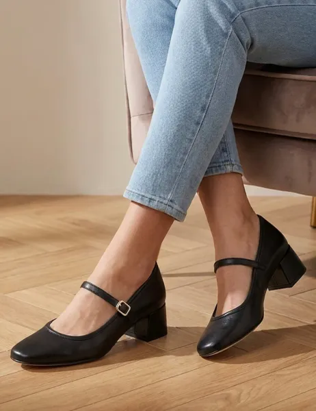 Jones Bootmaker Leather Block Heel Mary Jane Shoes Black