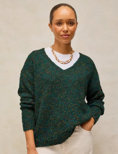 White Stuff Textured Flecked V-Neck Jumper with Wool Dark Green
