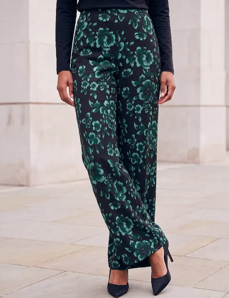 Roman Floral Print Trousers Dark Green
