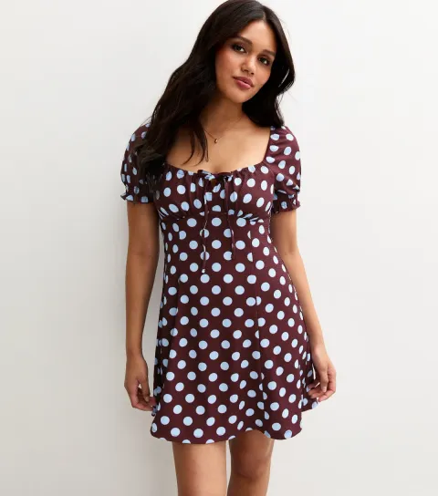 Women's Red Spot Print Crinkle Texture Milkmaid Mini Dress