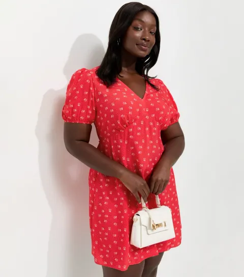 Women's Plus Size Red Floral Short Sleeve Mini Dress Curves