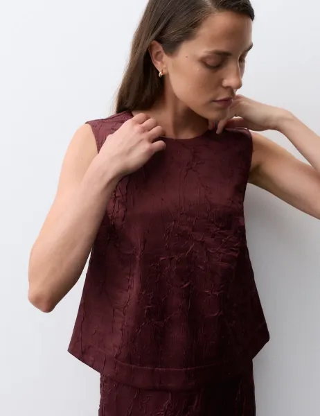 Autograph Satin Textured Crew Neck Top Dark Grape