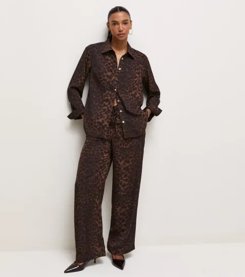 New Look Women's Brown Leopard Print Wide Leg Trousers