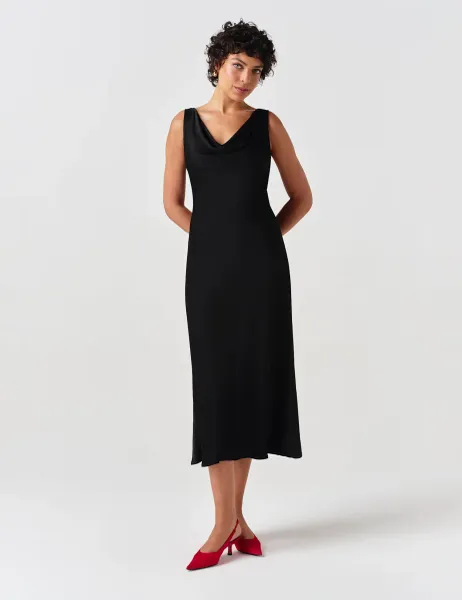 Ghost Satin Cowl Neck Midi Column Dress Black