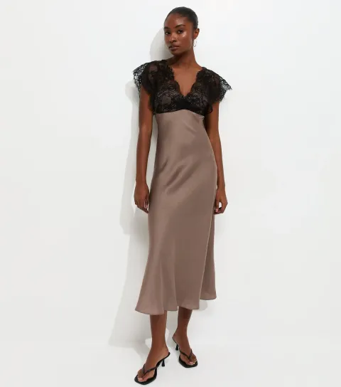 Women's Light Brown Lace Bodice Satin Midi Dress