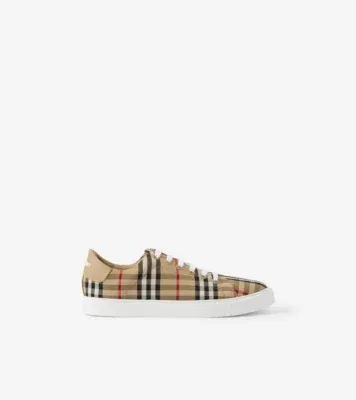Check and Leather Sneakers in Archive beige