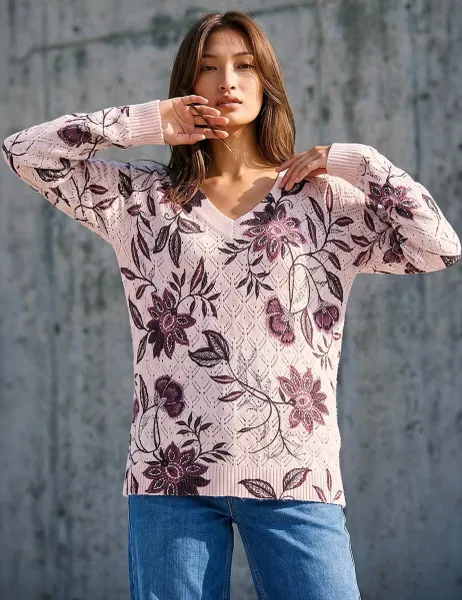 Roman Floral V-Neck Jumper Light Pink