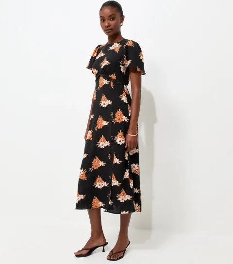 Women's Black Floral Print Lace Trim Midi Dress