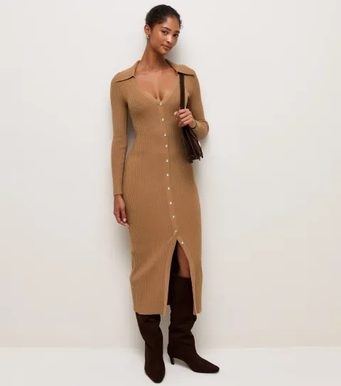New Look Women's Camel Lightweight Ribbed Knit Collared Midi Dress