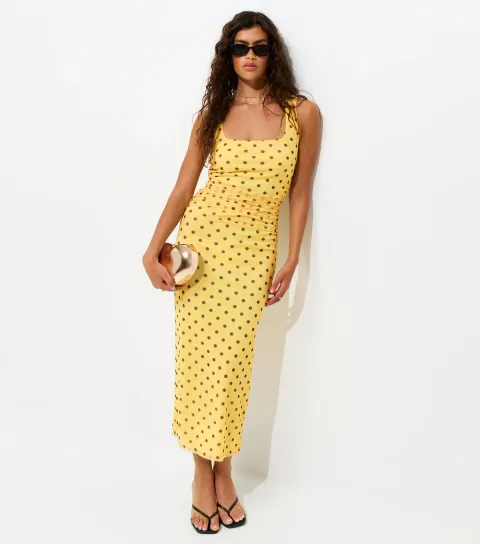 Women's Yellow Spotty Mesh Square Neck Midi Dress