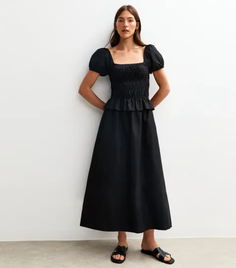 Women's Tall Black Shirred Square Neck Midi Dress