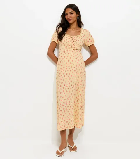 Women's Maternity Light Yellow Ditsy Milkmaid Midi Lace Trim Midi Dress