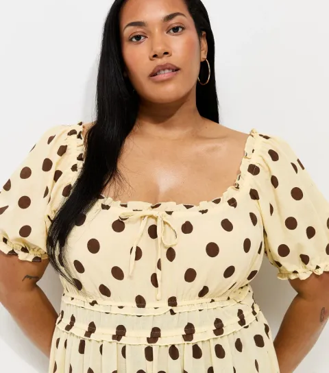 Women's Plus Size Yellow Cotton Polka Dot Milkmaid Midi Dress Curves