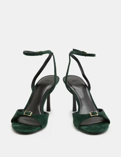 Marks & Spencer Suede Buckle Open Toe Stiletto Heel Sandals Dark Green