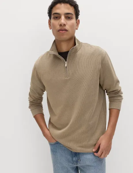 Marks & Spencer Cotton Rich Double Knit Half Zip Sweatshirt Sand