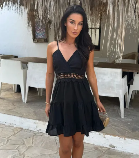 Women's Black Tie Back Crochet Mini Dress