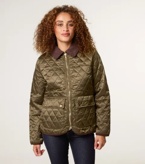 Women's Khaki Quilted Corduroy Collar Coat