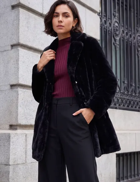 Roman Faux Fur Revere Collar Longline Coat Black Mix