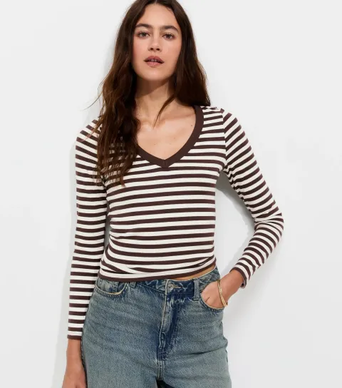 Women's Brown Cotton Rich Striped Long Sleeve V-Neck Top