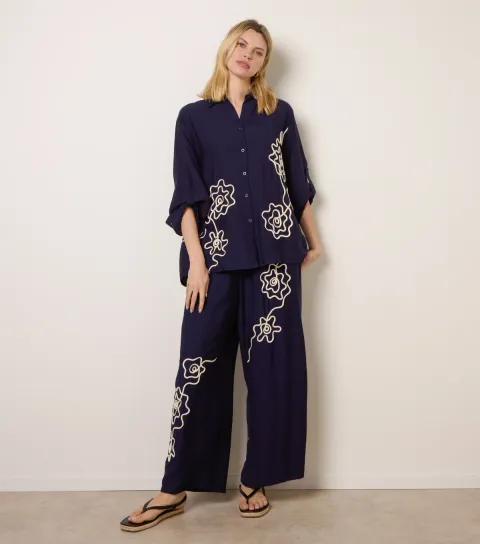Women's Blue Floral Embroidered Trousers