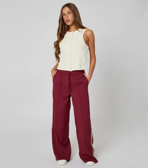 Women's Burgundy Taped Side Wide Leg Trousers