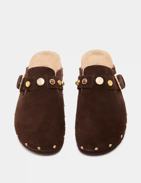 Marks & Spencer Suede Studded Flat Clogs Dark Brown