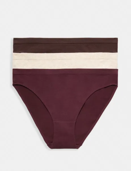 Marks & Spencer 3 Pack Comfort Rib Seamless High Leg Knickers Wine Mix