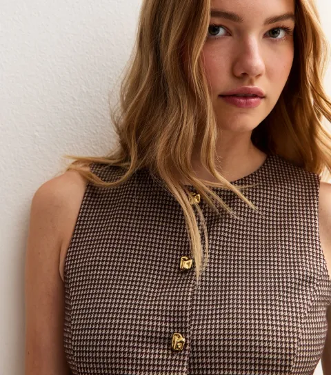 New Look Women's Brown Houndstooth Crew Neck Waistcoat