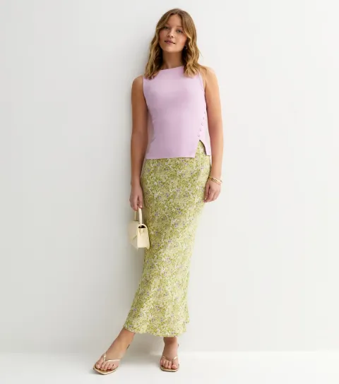 Women's Green Floral Print Bias Cut Midi Skirt