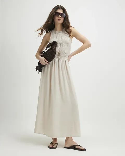 River Island Linen Blend Shirred Midi Dress