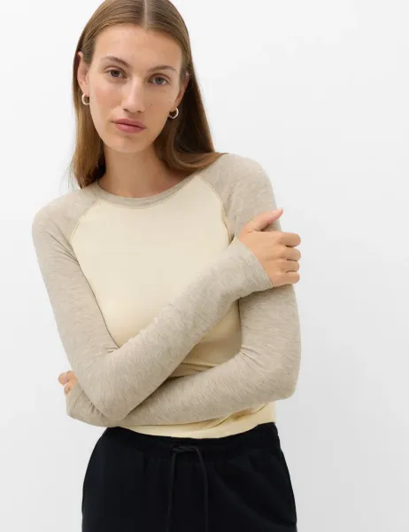 Marks & Spencer Long Sleeve Mesh Raglan Slim T-Shirt Beige Mix