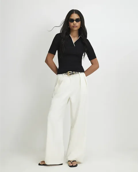 River Island Cotton Blend Ribbed Polo Top