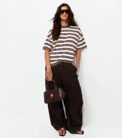 Women's Brown Cotton Striped Oversized Boxy T-Shirt