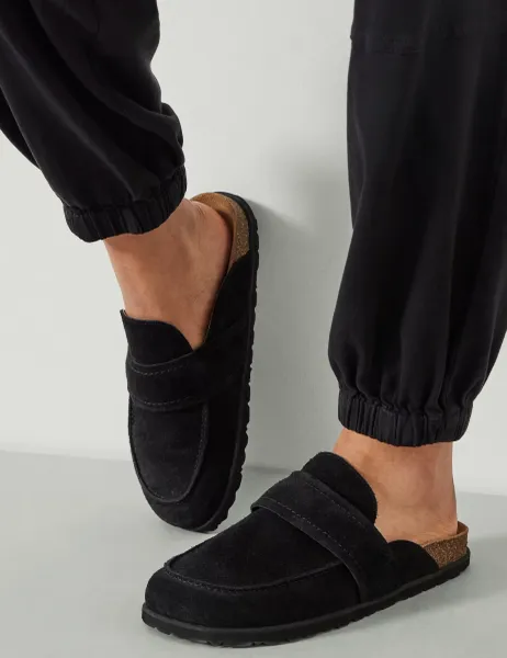 HUSH Suede Footbed Flat Mules Black