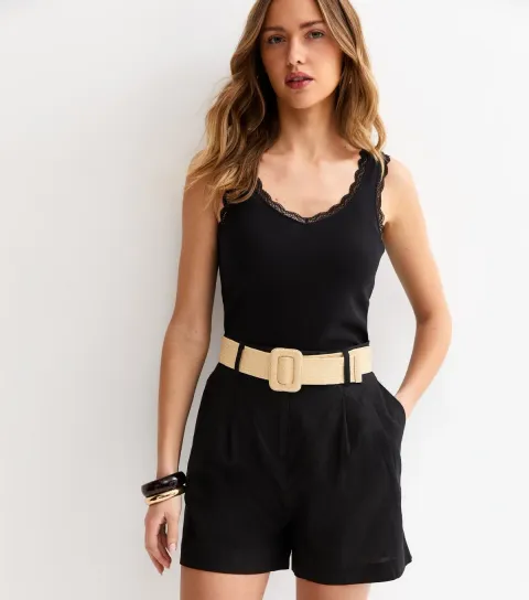 Women's Black Linen Blend Belted Shorts