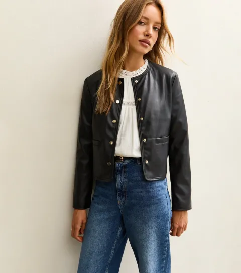 Women's Black Collarless Faux Leather Jacket
