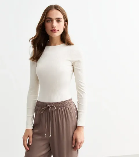 New Look Women's Off White Ribbed Cotton Blend Crew Neck Bodysuit