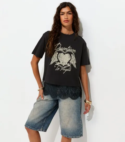 Women's Black Cotton Downtown Los Angeles Heart Lace Trim T-Shirt