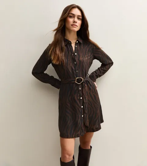 Women's Petite Brown Tiger Print Buckle Detail Mini Shirt Dress