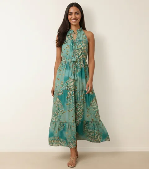 Women's Turquoise Tiered Tie Neck Maxi Dress