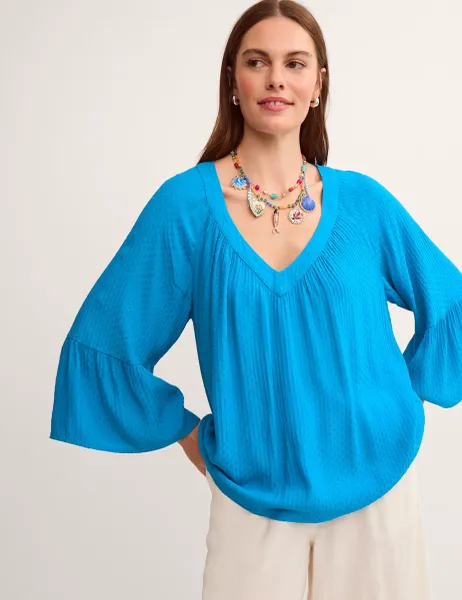 Monsoon Textured V-Neck Flute Sleeve Popover Blouse Teal